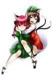  :d animal_ears bad_id bad_pixiv_id blush bow braid brown_hair cat_ears cat_tail chen extra_ears fang hair_bow hat hug kaenbyou_rin kyon_(fuuran) long_hair looking_at_viewer multiple_girls multiple_tails open_mouth pointy_ears red_eyes red_hair short_hair smile tail touhou twin_braids 