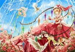  ascot bird birdcage blue_sky cage cloud day dress flandre_scarlet flower hat hat_ribbon jellyfishome open_mouth red_eyes ribbon rose side_ponytail sky smile solo touhou wings wrist_cuffs 