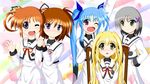  blonde_hair blue_eyes blue_hair blush brown_hair green_eyes grey_hair hair_ornament hair_ribbon hand_on_shoulder hands_on_hips heart highres holding_hands long_hair long_sleeves lyrical_nanoha mahou_shoujo_lyrical_nanoha mahou_shoujo_lyrical_nanoha_a's mahou_shoujo_lyrical_nanoha_a's_portable:_the_gears_of_destiny material-d material-l material-s momotensi multicolored_hair multiple_girls one_eye_closed open_mouth purple_eyes red_ribbon ribbon school_uniform seishou_elementary_school_uniform short_hair short_twintails sitting smile star takamachi_nanoha twintails u-d very_long_hair waving wavy_hair x_hair_ornament yellow_eyes 