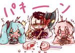  aqua_hair axe blonde_hair blush broken candy chibi detached_sleeves dress elbow_gloves food gloves green_eyes hatsune_miku lollipop long_hair mayu_(vocaloid) megurine_luka multiple_girls necktie open_mouth piano_print pink_hair ritateo skirt stuffed_animal stuffed_bunny stuffed_toy swirl_lollipop tears thighhighs twintails usano_mimi very_long_hair vocaloid wavy_mouth weapon white_background 