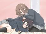  black_hair black_legwear blush brown_eyes brown_hair hirasawa_yui k-on! lap_pillow lying maka_(hyougenbu) multiple_girls nakano_azusa on_side pantyhose skirt socks sweater 