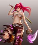  absurdres barefoot dual_wielding earrings erza_scarlet fairy_tail hakama highres holding japanese_clothes jewelry katana long_hair midriff navel ponytail red_hair renyu1012 sarashi sword tattoo weapon 