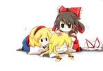  :&gt; alice_margatroid black_eyes black_hair blonde_hair captured chibi closed_eyes empty_eyes faech hakurei_reimu hand_on_head hat hat_removed headwear_removed highres multiple_girls ofuda shadow simple_background touhou yakumo_yukari 