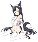  animal_ears apron black_eyes black_hair cat_ears commentary_request elbow_gloves gloves long_hair maid_headdress male_focus mary_janes montanyaoh naked_apron navel original otoko_no_ko penis penis_ribbon ribbon shoes solo strap_slip thighhighs very_long_hair 