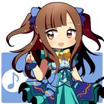  :d bow brown_eyes brown_hair corset dress idolmaster idolmaster_cinderella_girls long_hair lowres mizumoto_yukari nasa_yu open_mouth smile solo two_side_up wrist_cuffs 