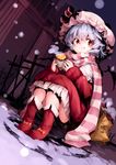  :t alternate_costume blue_hair boots derivative_work dutch_angle eating food food_on_face hat junwool looking_at_viewer oshake red_eyes remilia_scarlet scarf short_hair sitting snow snowing solo steam sweet_potato touhou 