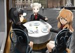  animal_ears bad_id bad_pixiv_id black_hair blue_eyes brown_eyes brown_hair cafe charlotte_e_yeager city cup fernandia_malvezzi fork fountain highres long_hair looking_at_viewer luciana_mazzei martina_crespi military military_uniform miyafuji_yoshika multiple_girls oftaj open_mouth plate short_hair silver_hair sitting strike_witches table tail uniform world_witches_series 