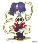  animated animated_gif artist_name bare_shoulders blue_hair blue_skin chibi detached_sleeves full_body hair_over_one_eye leviathan_(skullgirls) long_hair lowres lumaga red_eyes side_ponytail skirt skull skullgirls smile solo squigly_(skullgirls) stitched_mouth stitches striped_sleeves transparent_background zombie 