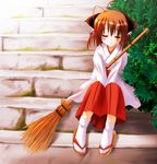  ahoge animal_ears antenna_hair bamboo_broom blush broom brown_hair cat_ears closed_eyes japanese_clothes miko original otoki_raku short_hair sitting sitting_on_stairs sleepy solo stairs tabi zouri 