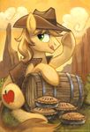  barrel braeburn_(mlp) cloud collaberation collaboration cowboy_hat cutie_mark desert equine feral friendship_is_magic green_eyes hat horse male mammal my_little_pony pie pony sitting sky solo sophiecabra tess_garman tongue tongue_out vest warm_colors 