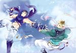  black_hair blonde_hair caesar_anthonio_zeppeli cover cover_page crop_top day doujin_cover facial_mark falling feathers fingerless_gloves gloves green_jacket hair_feathers headband hyaku_chi jacket jojo_no_kimyou_na_bouken joseph_joestar_(young) midriff multiple_boys ribbon scarf sky 