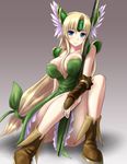  blonde_hair blue_eyes boots breasts grey_background highres large_breasts light_smile long_hair low-tied_long_hair riesz ryuusama seiken_densetsu seiken_densetsu_3 solo staff very_long_hair 