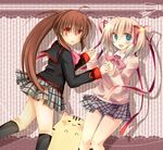  blonde_hair blue_eyes bow brown_hair cat doruji hair_ribbon kamikita_komari kamioto_musu little_busters! long_hair multiple_girls natsume_rin pink_bow plaid plaid_skirt ponytail red_eyes ribbon school_uniform skirt twintails 