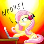  2012 angry blue_eyes computer cutie_mark english_text equine female feral fluttershy_(mlp) friendship_is_magic fur gallade77 hair headset horse long_hair mammal my_little_pony pegasus pink_hair pony solo text video_games wings yellow_fur 