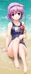  bare_shoulders beach blush breasts byeontae_jagga collarbone covered_navel hairband heart highres komeiji_satori medium_breasts name_tag ocean one-piece_swimsuit parted_lips purple_hair red_eyes school_swimsuit shiny shiny_clothes short_hair sitting skindentation solo swimsuit third_eye touhou water wet 
