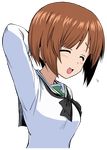  blush closed_eyes girls_und_panzer hand_behind_head hand_on_own_head long_sleeves neckerchief nishino_eiichi nishizumi_miho ooarai_school_uniform open_mouth school_uniform serafuku short_hair smile solo 