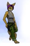 blue_eyes canine clothed clothing dog_tags female fox geena_gonorah gun hair holster ipoke mammal pistol purple_hair ranged_weapon skimpy solo weapon 