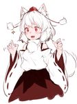  animal_ears detached_sleeves fang fingernails hat inubashiri_momiji junwool open_mouth pink_eyes short_hair simple_background sketch smile solo sparkle tail tokin_hat touhou white_background white_hair wolf_ears wolf_tail 