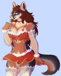  2018 5_fingers absurd_res anthro bell big_breasts blue_eyes blvejay bow bra breasts canine christmas claws clothed clothing collar detailed digital_media_(artwork) female fluffy fluffy_tail hair hi_res holidays lace legwear lingerie long_hair mammal partially_clothed pink_nose pinup pose red_hair safe shaded skimpy skirt smile solo standing stockings underwear wolf 
