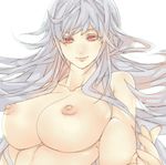  bad_id bad_pixiv_id breasts kamishirasawa_keine large_breasts long_hair nipples poruhi red_eyes silver_hair simple_background smile topless touhou very_long_hair white_background 