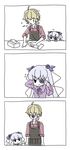  1girl 3koma :&lt; ahoge aka_(s3637) apron barasuishou blonde_hair comic crystal doll_joints enju eyepatch eyepatch_removed flower hair_ornament rose rozen_maiden screwdriver silent_comic silver_hair smile sneezing tissue tissue_box 