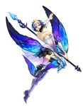  armor bad_id bad_pixiv_id bare_shoulders breasts cleavage dress feathers gwendolyn highres kazari_tayu medium_breasts multicolored multicolored_wings odin_sphere open_mouth polearm purple_eyes silver_hair solo strapless strapless_dress teeth tiara valkyrie vambraces weapon wings 