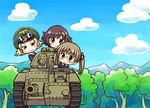  akiyama_yukari blonde_hair blush brown_eyes brown_hair caterpillar_tracks char_b1 chibi cloud day enter_enter_mission! erwin_(girls_und_panzer) girls_und_panzer glasses ground_vehicle hat highres looking_at_viewer messy_hair military military_uniform military_vehicle motor_vehicle mountain multiple_girls ooarai_military_uniform oono_aya peaked_cap short_hair sky smile tank tree twintails uniform yuuki_akira 