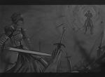  1girl ahoge armor armored_dress artoria_pendragon_(all) dress excalibur fate/zero fate_(series) feef gate_of_babylon gauntlets gilgamesh greyscale monochrome saber sword weapon 