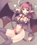  bad_id bad_pixiv_id bat_wings blush breasts choker demon_tail disgaea heart horns long_hair medium_breasts navel pointy_ears red_eyes red_hair revealing_clothes simple_background sitting smile solo succubus_(disgaea) tail thighhighs tinpam wings 