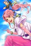 1girl arche_klein bad_id bad_pixiv_id blue_background blue_eyes blue_hair bow_(weapon) bracelet chester_barklight earrings gloves jewelry long_hair nosuke_(ikinukki) pants pink_eyes pink_hair pink_pants pointing ponytail smile tales_of_(series) tales_of_phantasia weapon 