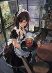  apron black_eyes black_hair bow breasts brown_eyes cleavage cup_ramen dated fork glasses hair_bow hjl long_hair looking_at_viewer maid maid_headdress medium_breasts open_mouth original red-framed_eyewear signature smile solo thighhighs tray waist_apron 