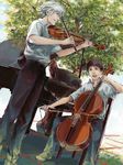  a10 brown_hair cello dutch_angle grand_piano ikari_shinji instrument male_focus multiple_boys nagisa_kaworu neon_genesis_evangelion piano realistic smile tegaki tree violin white_hair 