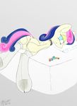  anal_beads analbeads anus blue_eyes bonbon bonbon_(mlp) clothing collar equine female feral friendship_is_magic hair horse legwear lying majikplant420 mammal my_little_pony on_front pillow pony presenting pussy sex_toy solo stockings two_tone_hair 