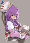  book braid chair grey_background hat hat_removed hayate-s headwear_removed highres holding long_hair nail_polish patchouli_knowledge purple_eyes purple_hair simple_background solo touhou 
