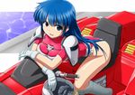  :d between_breasts blue_eyes blue_hair breasts burning_force headwear_removed helmet helmet_removed hover_bike leotard long_hair open_mouth red_leotard science_fiction shirosame sitting smile solo tengenji_hiromi 