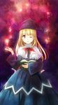  blonde_hair blue_eyes blush book hat long_hair looking_at_viewer madou_monogatari one_eye_closed puyopuyo smile solo witch witch_(puyopuyo) yakka 