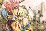  1girl blonde_hair crying fairy_tail fairy_tail_houou_no_miko hand_on_head hands_on_another's_head hug lucy_heartfilia mashima_hiro natsu_dragneel pink_hair ruins scarf serious spiked_hair tattoo tears torn_clothes twintails 