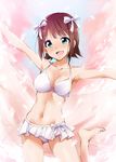  :d amami_haruka aqua_eyes barefoot bikini blush bow breasts brown_hair cleavage groin hair_bow happy idolmaster idolmaster_(classic) kaiga leg_up medium_breasts open_mouth outstretched_arms short_hair skirt smile solo sparkle swimsuit 