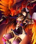  1girl angel armor black_hair breasts cleavage fire greaves knight large_breasts long_hair orange_eyes original polearm solo spear sword thighhighs toi_(4089597) very_long_hair warrior weapon wings zettai_ryouiki 