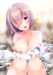  1girl azuma_yuki breasts collarbone commentary_request fate/grand_order fate_(series) fou_(fate/grand_order) hair_over_one_eye large_breasts lavender_hair looking_at_viewer mash_kyrielight nude onsen open_mouth partially_submerged purple_eyes short_hair sitting smile solo water wet 