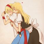  alice_margatroid blonde_hair blush braid breast_grab closed_eyes couple fingering grabbing heart hiroya_masaharu hug hug_from_behind kirisame_marisa long_hair midriff multiple_girls mushroom navel no_hat no_headwear open_clothes open_shirt shirt short_hair simple_background smile touhou trembling yuri 