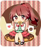  brown_eyes brown_hair chibi doughnut eating food idolmaster idolmaster_cinderella_girls long_hair lowres nasa_yu ponytail shiina_noriko sitting skirt smile solo 