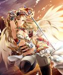  1girl angel armor blonde_hair breasts cleavage jewelry long_hair orange_eyes original solo sword toi_(4089597) very_long_hair warrior weapon wings 
