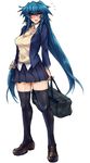  1girl bag blue_hair blush long_hair school_uniform sharp_teeh simple_background skj white_background 
