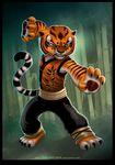  black_fur clothing feline female fur johnbecaro kung_fu_panda mammal master_tigress orange_eyes orange_fur outside snarling solo stripes teeth tiger white_fur 