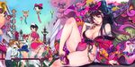  6+boys aircraft ass balloon black_hair breasts brown_hair building camera character_request cherry_blossoms city cleavage copyright_request day f.s. fan folding_fan giantess hair_ornament headdress highres hot_air_balloon japanese_clothes kimono large_breasts long_hair looking_at_another looking_back mecha multiple_boys multiple_girls nail_polish off_shoulder open_mouth panties parted_lips petals purple_eyes purple_hair sandals short_hair sky smile thighhighs tower tray tree underwear waitress white_legwear white_panties 