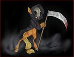  applejack_(mlp) blonde_hair blood cloak creepy cutie_mark death_(personification) equine female feral friendship_is_magic fur grim_reaper hair hooves horse mammal mask my_little_pony nightmare_fuel orange_fur pony ppony scythe skull skull_mask solo weapon 