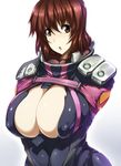  :o bodysuit breast_squeeze breasts brown_eyes brown_hair cleavage covered_nipples gradient gradient_background highres huge_breasts irie_tamaki looking_at_viewer majestic_prince no_bra short_hair solo tsukasawa_takamatsu 