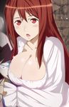  bad_id bad_pixiv_id breasts cleavage dress jet_yowatari large_breasts long_hair maou_(maoyuu) maoyuu_maou_yuusha pillow red_eyes red_hair signature solo 