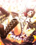  arm_up boots brown_hair cross-laced_footwear fuupu highres lace-up_boots leaf looking_up open_mouth panties shameimaru_aya short_hair skirt smile solo touhou underwear white_panties wings 